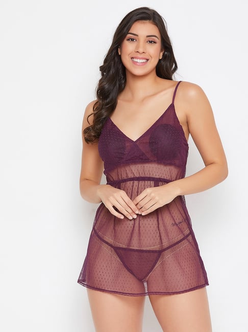 Clovia Purple Self Design Babydoll With Thong-picture-12