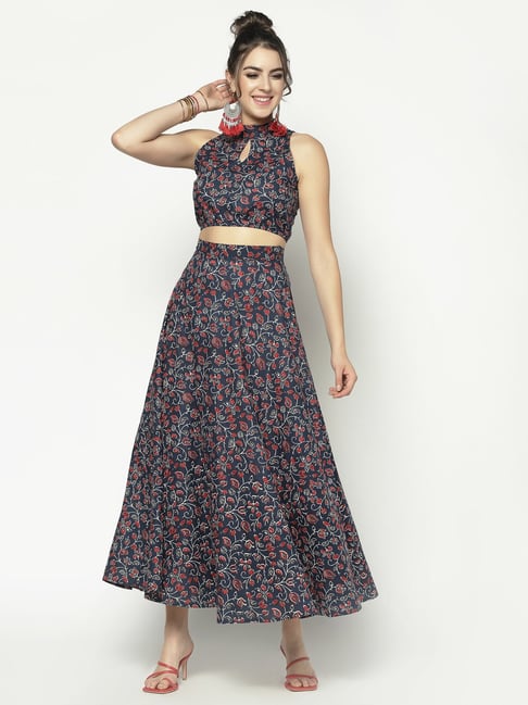 Sera Navy Printed Crop Top With Skirt