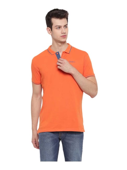 Pepe Jeans Orange Solid Cotton Polo T-Shirt