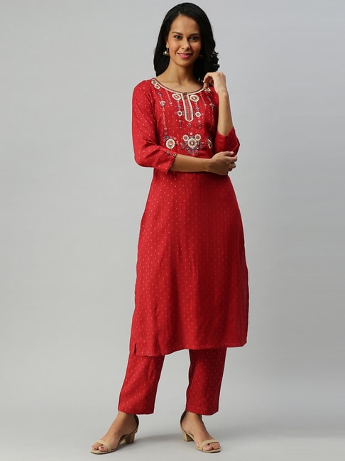 Soch Red Cotton Embroidered Kurta Pant Set Price in India