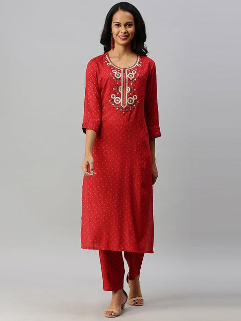 Soch Red Cotton Embroidered Kurta Pant Set