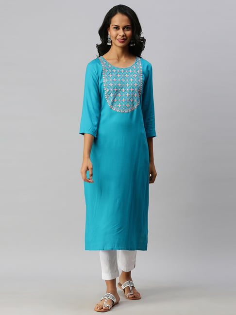 Soch Blue Cotton Embroidered Straight Kurta Price in India