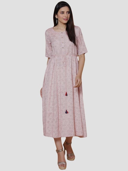 Rangriti Biege Printed A-Line dress Price in India