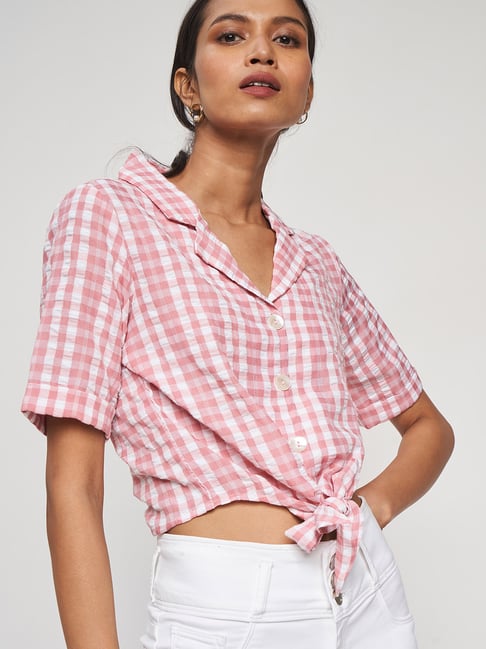 AND Pink & White Checks Crop Shirt Price in India