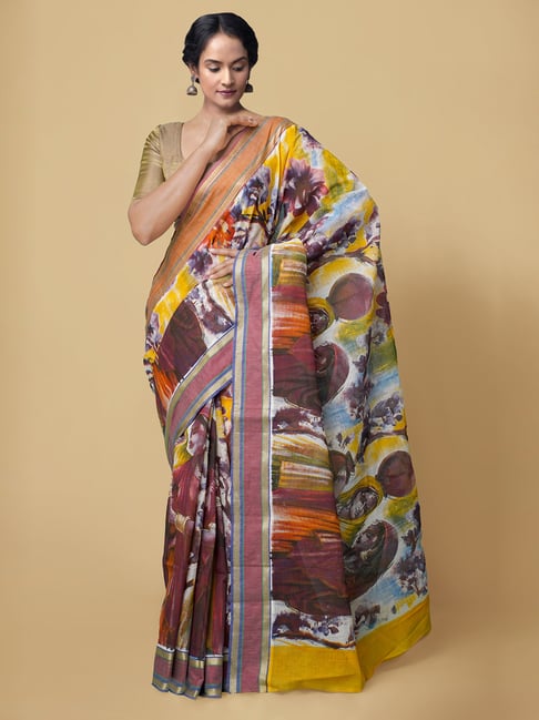 Unnati Silks Women's Pure Hand Block Printed Kerala Cotton Saree Price in India
