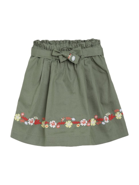 Elle Kids Olive Green Cotton Embroidered Skirt