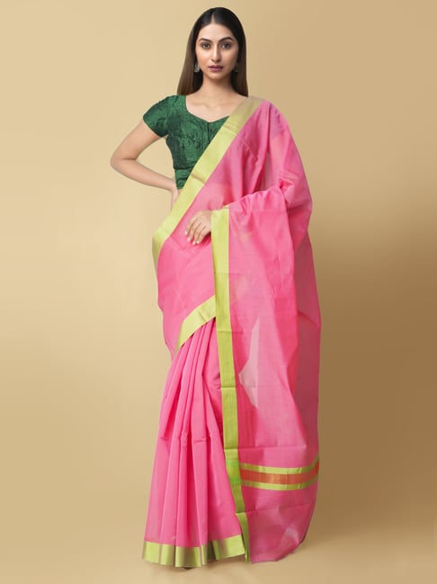 fcity.in - Chettinad Cotton Saree Long Border Plain Saree With Blouse Green