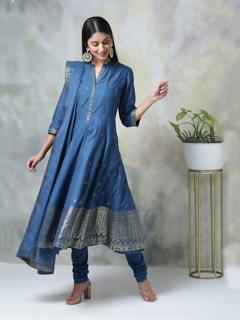 Biba Blue Embellished Kurta With Churidar & Dupatta