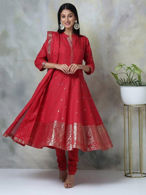 Biba Red Embellished Kurta With Churidar & Dupatta