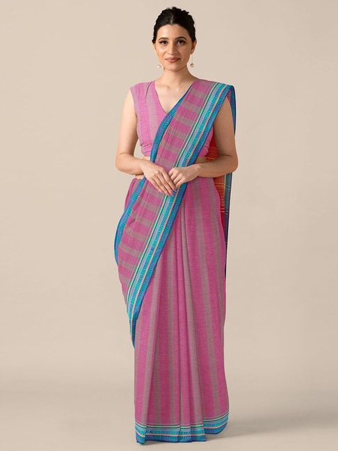 TANEIRA Pink Cotton Striped Saree With Unstitched Blouse Price in India