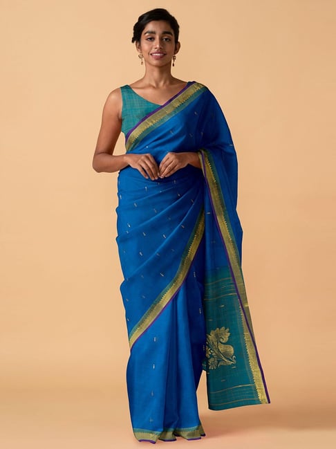 TANEIRA Blue Woven Saree With Unstitched Blouse Price in India