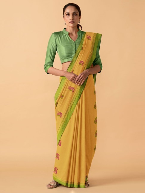 TANEIRA Yellow Cotton Printed Saree With Unstitched Blouse Price in India