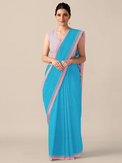 TANEIRA Blue Cotton Chequered Saree With Unstitched Blouse Price in India