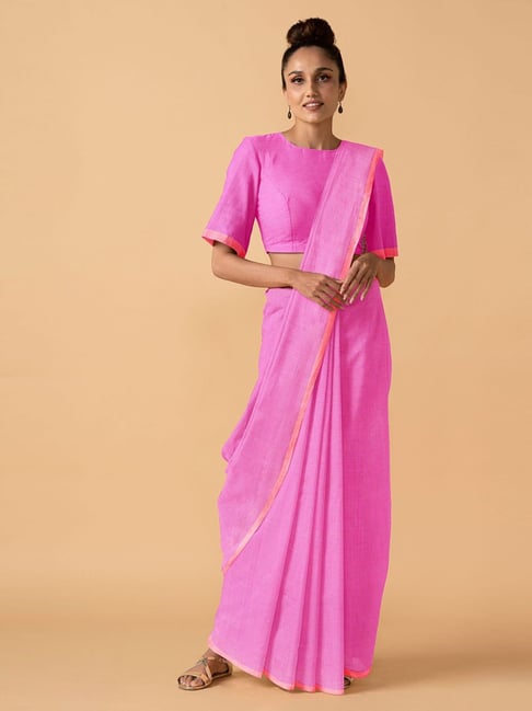 TANEIRA Pink Cotton Saree With Unstitched Blouse Price in India