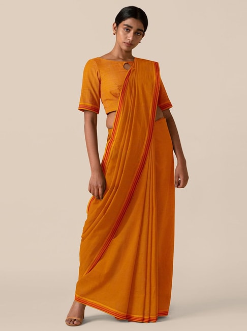 TANEIRA Orange Cotton Saree With Unstitched Blouse Price in India