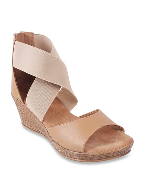 Mochi Women's Beige Cross Strap Wedges