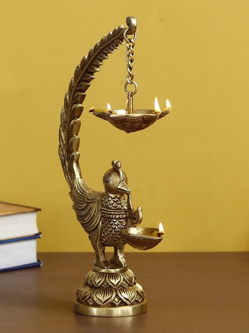 eCraftIndia Decorative Handcrafted Peocock Brass Showpiece with Diya for 6 Wicks-picture-44
