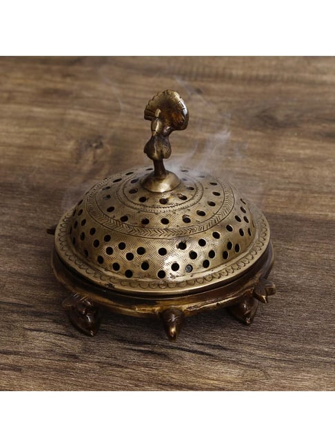 eCraftIndia Brass Antique Finish Dhoop Incense Burner with Peocock for Pooja Room and Temples
