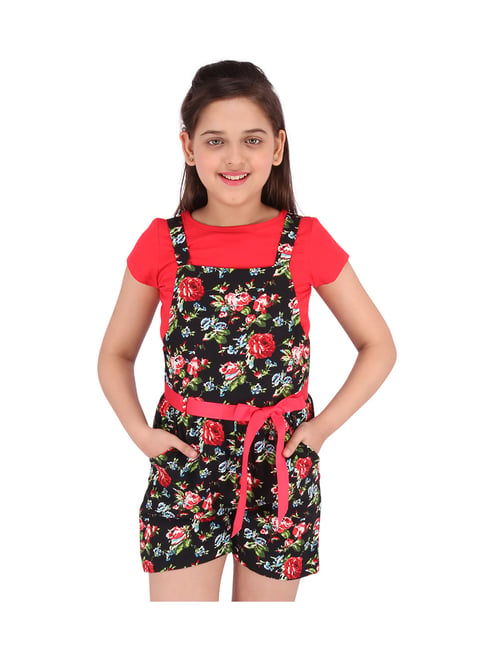 Cutecumber Kids Red & Black Floral Print Top with Dungaree