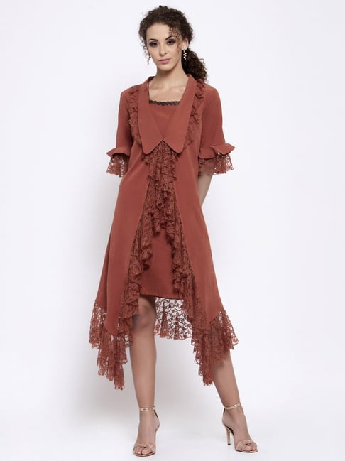 Buy Lela Rust Lace Asymmetrical Frill Jacket for Women Online