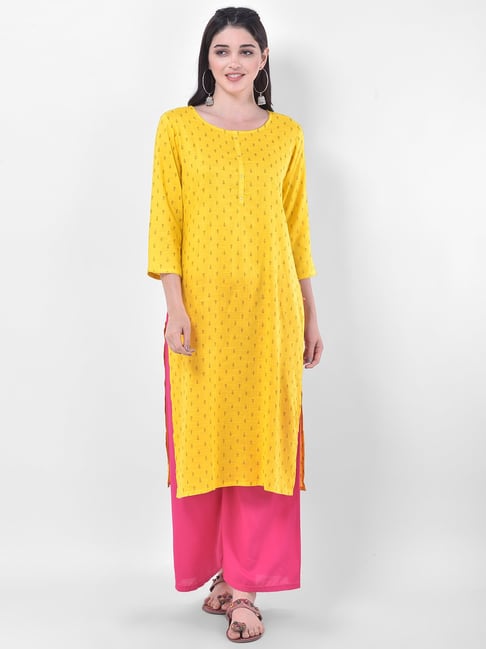 Span Yellow Cotton Embroidered Straight Kurta