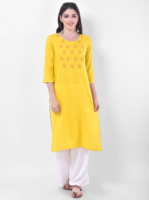 Span Yellow Cotton Embellished Straight Kurta