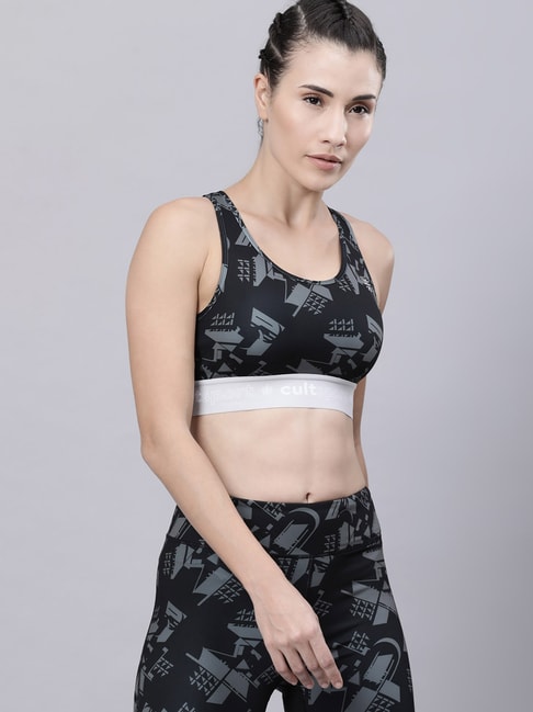 Buy Cultsport Black & Grey Non Wired Padded Sports Bra for Women