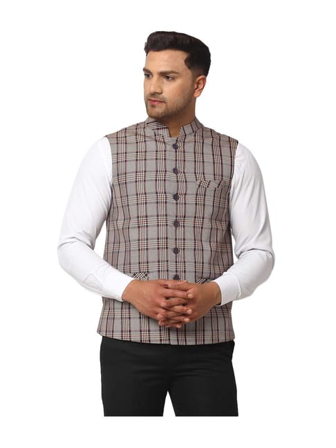 NEUDIS Brown Sleeveless Checks Nehru Jacket