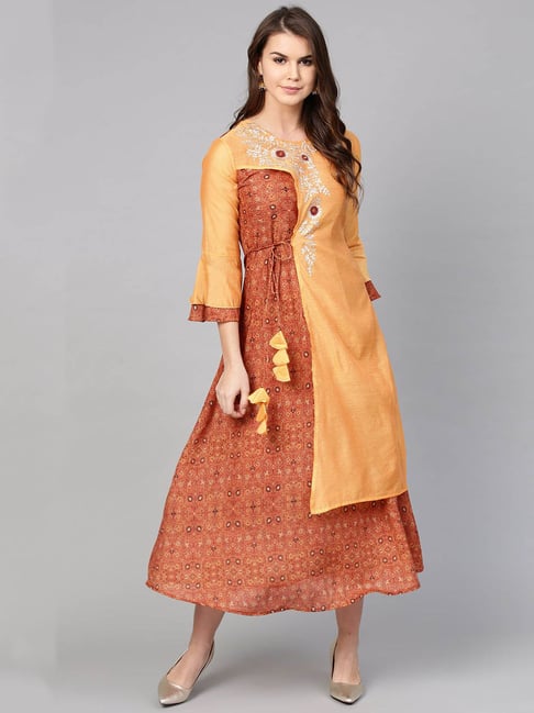 Yufta Orange Round Neck A Line Kurta Price in India