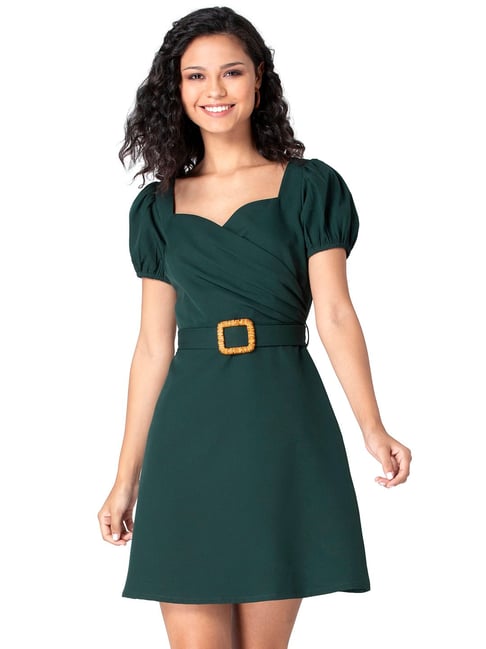 FabAlley Bottle Green Buckle Belted Wrap Dress Price in India