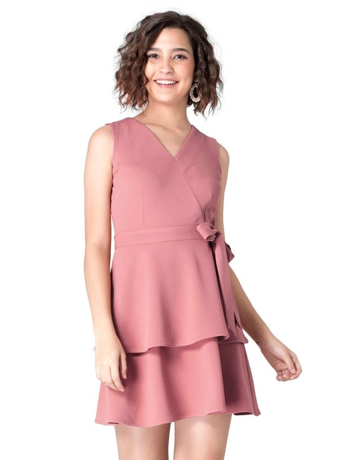 FabAlley Dusty Pink Tiered Side Tie Skater Dress Price in India