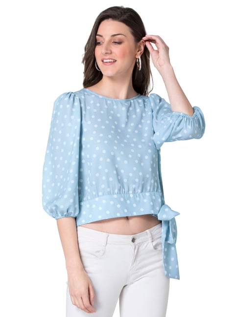 FabAlley Blue White Polka Dot Belted Blouse