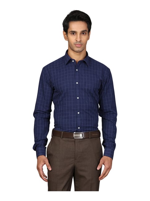 Next Look Navy Cotton Regular Fit Checks Shirt