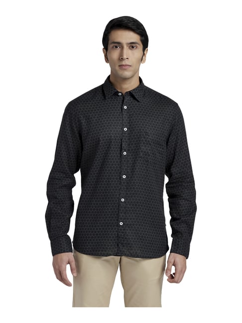 Parx Black Linen Slim Fit Printed Shirt 