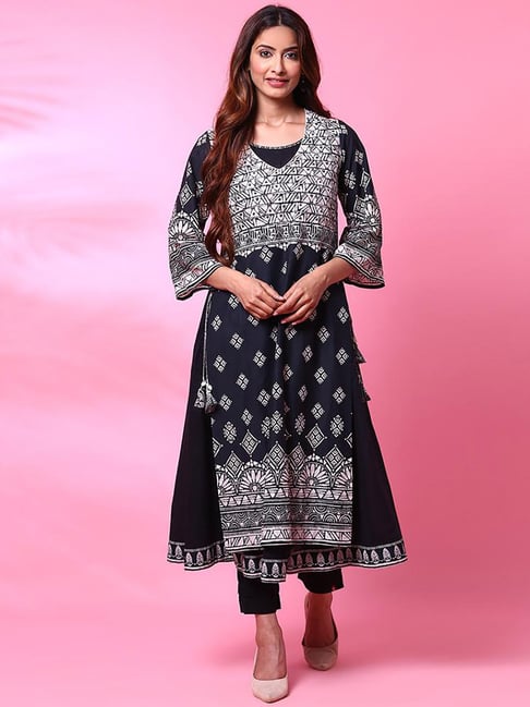 Biba Black Printed Straight Kurta With Inner Slip Price in India