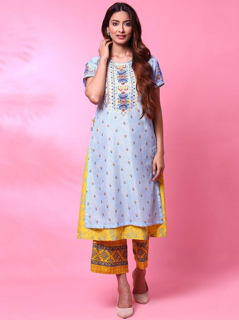 Biba Blue Printed Straight Double Layered Kurta Price in India