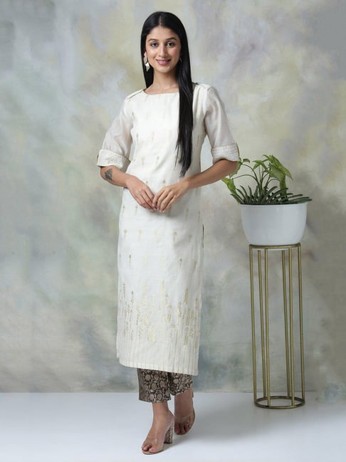 Biba Off White Printed Straight Kurta Price in India