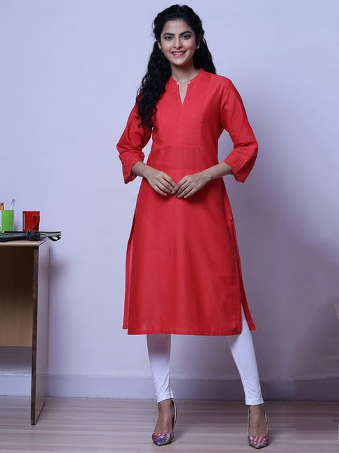 Biba Red Embroidered Straight Kurta Price in India