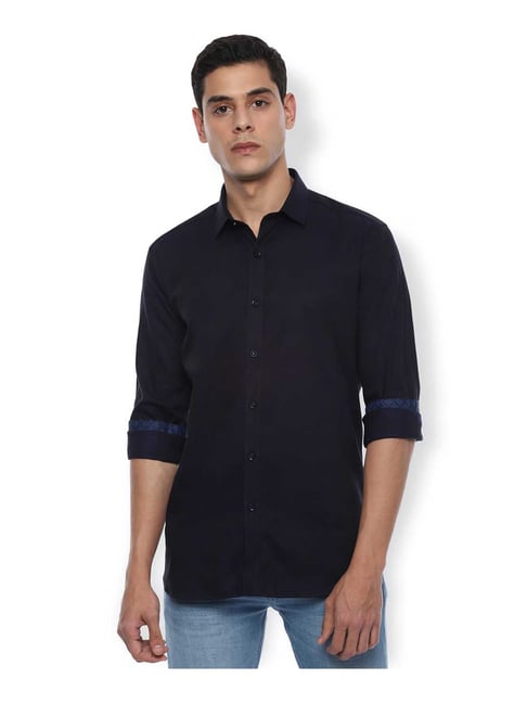 V Dot by Van Heusen Navy Solid Full Sleeves Shirt