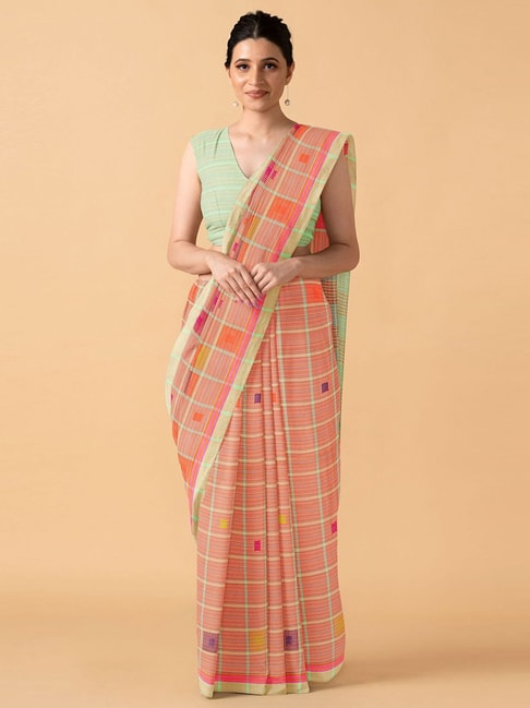 TANEIRA Peach Cotton Printed Saree With Unstitched Blouse Price in India