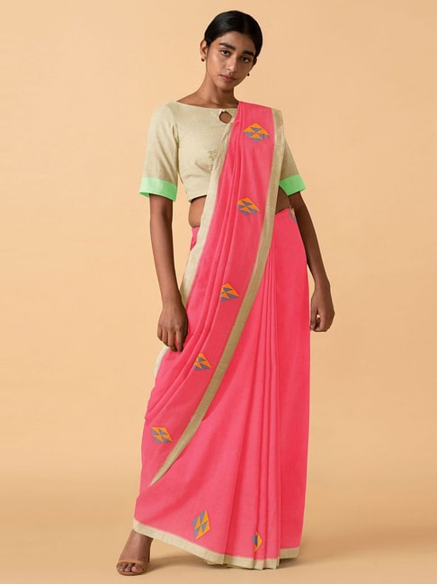 TANEIRA Pink Cotton Woven Saree With Unstitched Blouse Price in India