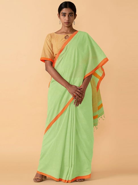 TANEIRA Green Cotton Saree With Unstitched Blouse Price in India