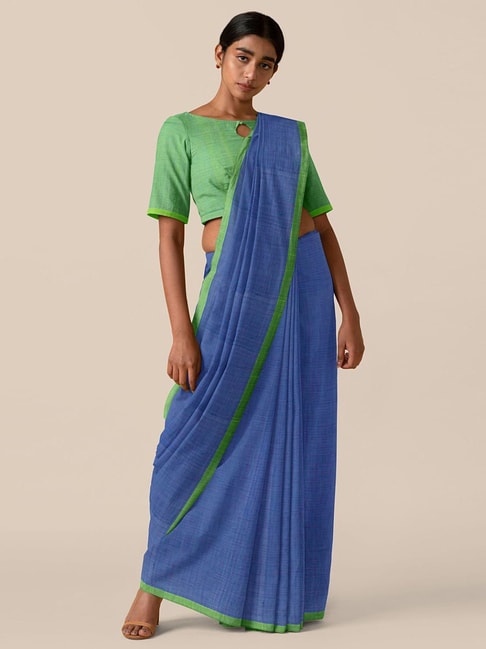 TANEIRA Blue Cotton Saree With Unstitched Blouse Price in India