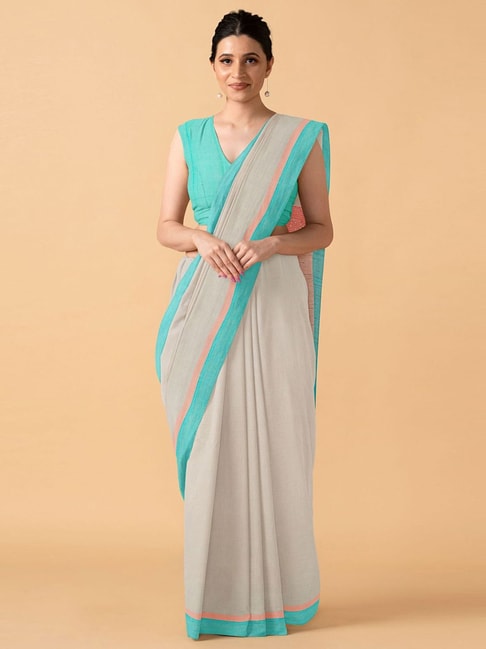 TANEIRA Beige & Turquoise Cotton Saree With Unstitched Blouse Price in India