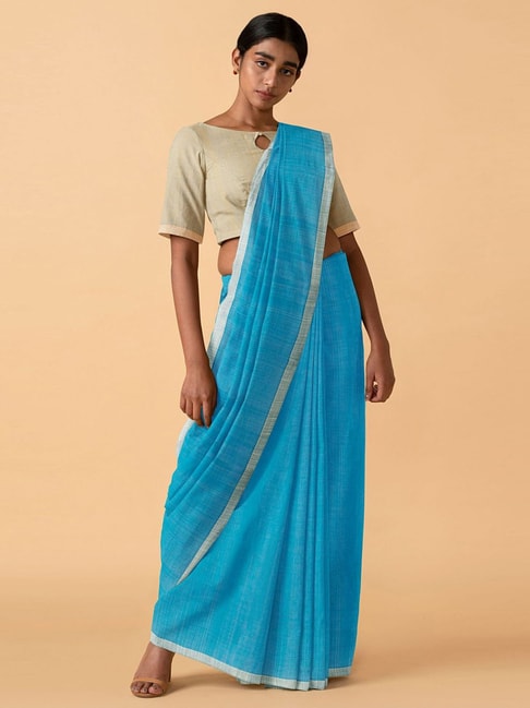 TANEIRA Blue Cotton Saree With Unstitched Blouse Price in India