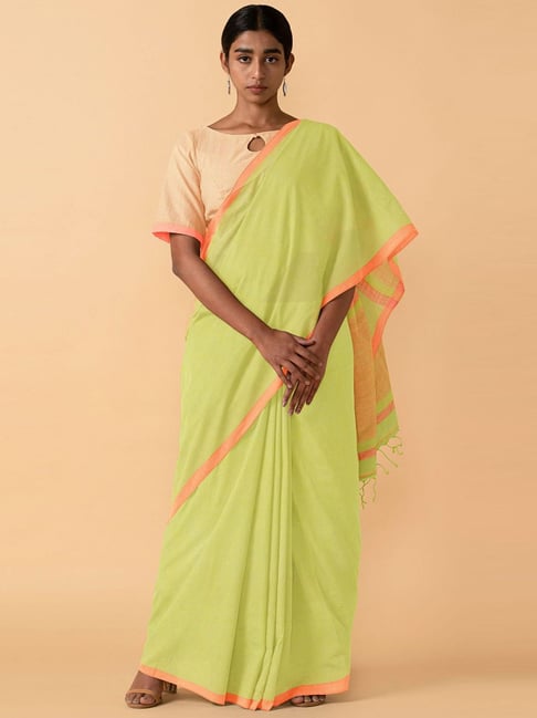 TANEIRA Green Cotton Saree With Unstitched Blouse Price in India