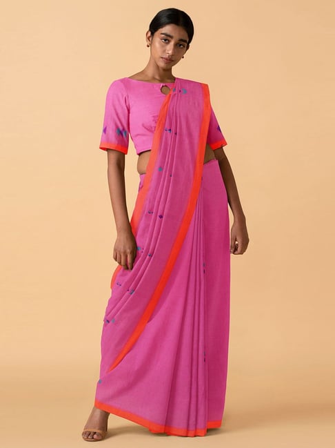 TANEIRA Pink Cotton Woven Saree With Unstitched Blouse Price in India