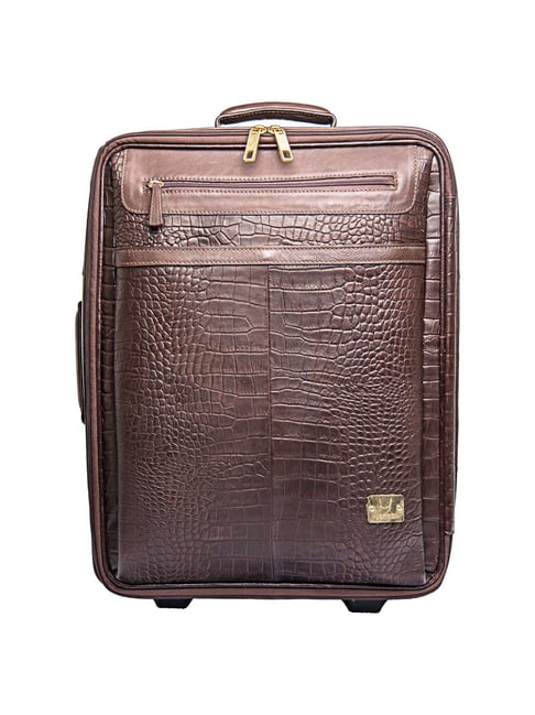 Light Weight Cabin Luggage Dark Brown Croco Textured Leather Trolley b