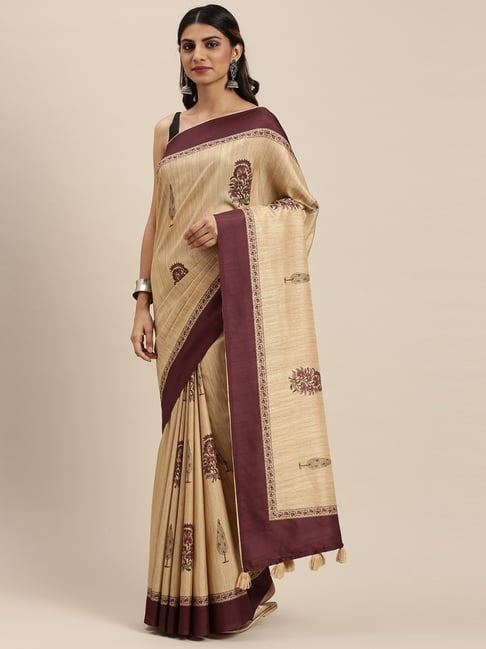 Shop Maroon Embroidered Blouse Paired Contrast Beige Saree