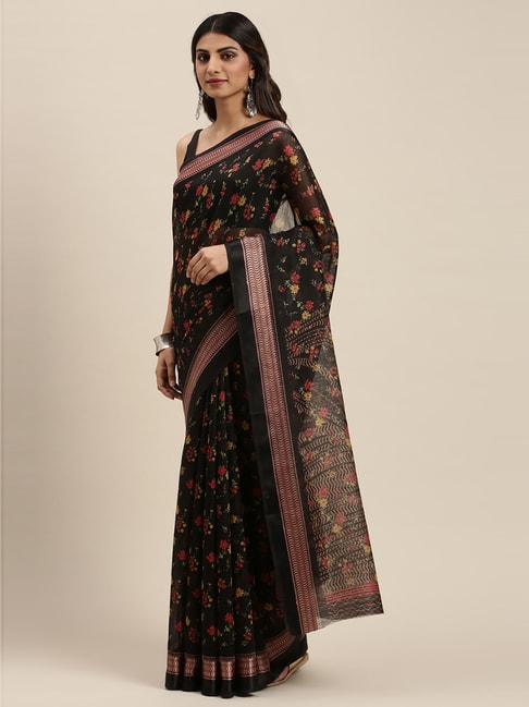 Soch Black Cotton Floral Print Saree With Unstitched Blouse Price in India